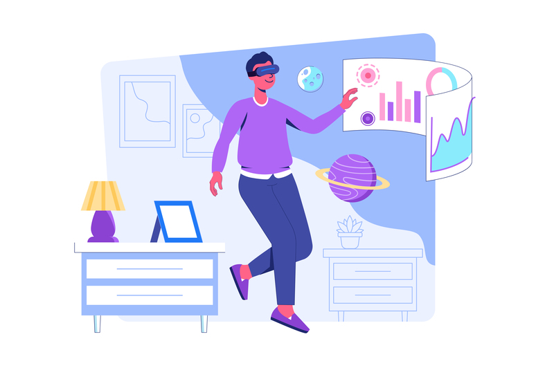 Metaverse concept with people scene for web. Man in VR glasses interacts with data at dashboards and making research in augmented reality with planets. Vector illustration in flat perspective design